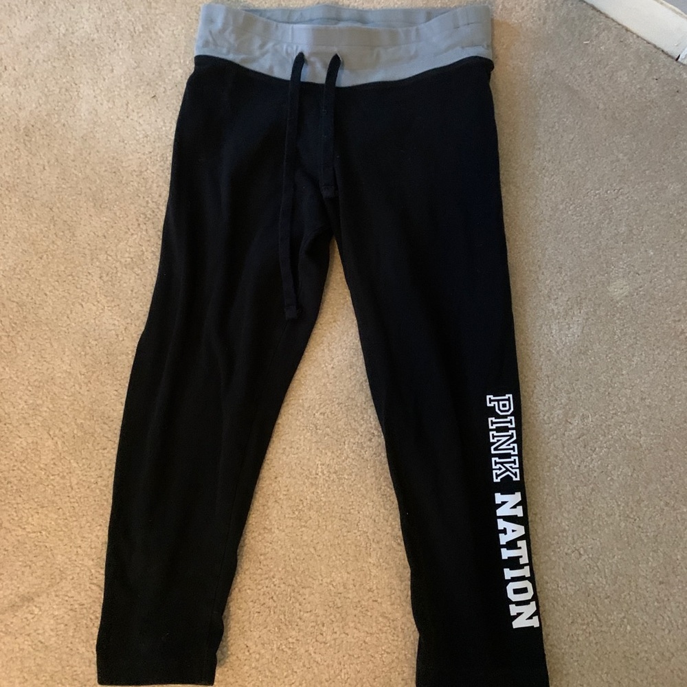 Pink cropped leggings with gray waist band